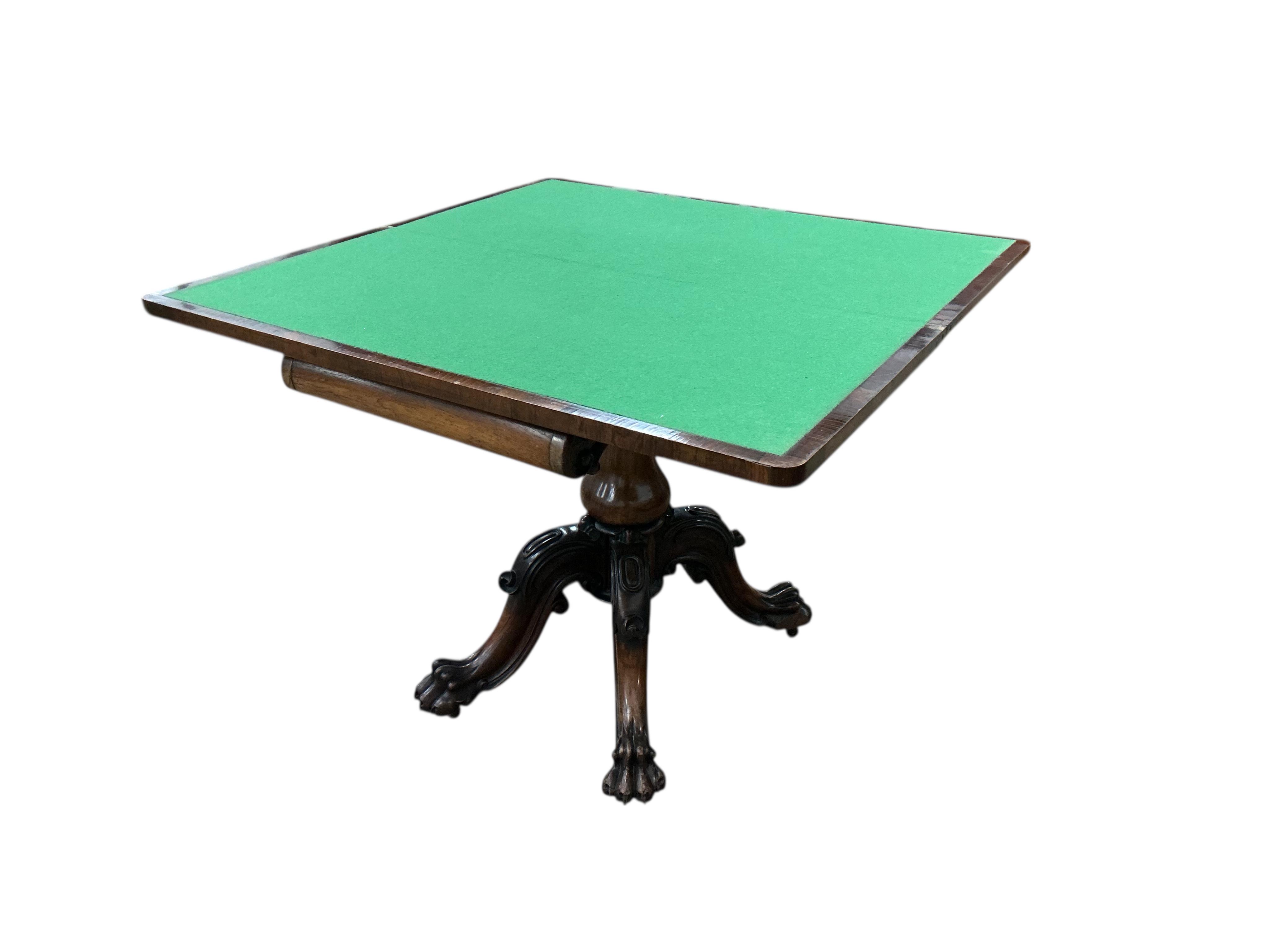 An early Victorian rectangular folding rosewood card table, width 91cm, depth 45cm, height 73cm